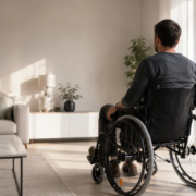 Personne en fauteuil roulant dans un logement lumineux illustrant l’aménagement du domicile après un accident et l’indemnisation d’une paraplégie