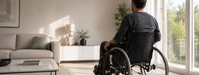 Personne en fauteuil roulant dans un logement lumineux illustrant l’aménagement du domicile après un accident et l’indemnisation d’une paraplégie