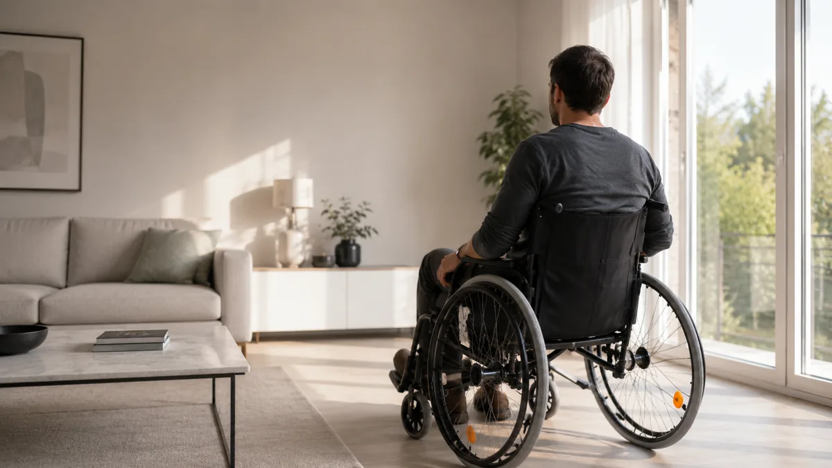 Personne en fauteuil roulant dans un logement lumineux illustrant l’aménagement du domicile après un accident et l’indemnisation d’une paraplégie