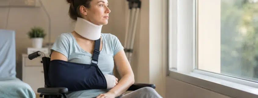 Jeune femme en fauteuil roulant après un polytraumatisme à la suite d'un accident