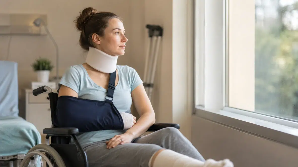 Jeune femme en fauteuil roulant après un polytraumatisme à la suite d'un accident