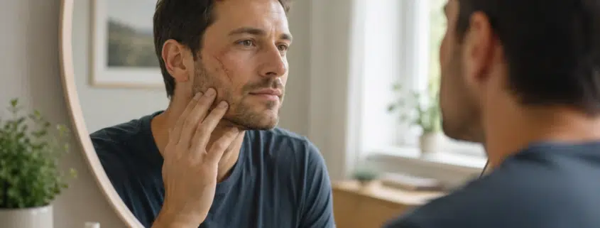 Homme observant une cicatrice faciale après un accident dans le cadre d’un préjudice esthétique