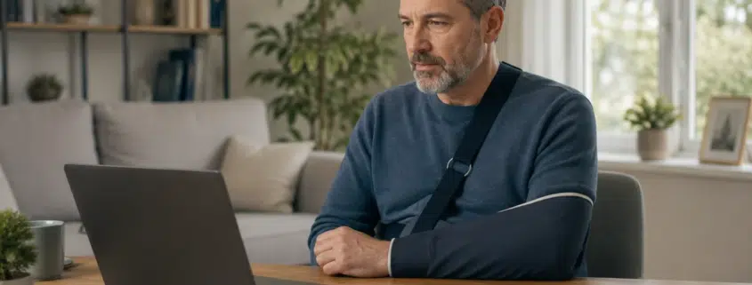 Homme travaillant sur ordinateur avec le bras immobilisé après un accident grave illustrant le préjudice professionnel