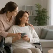Tierce personne aidant une victime en fauteuil roulant après un accident à domicile