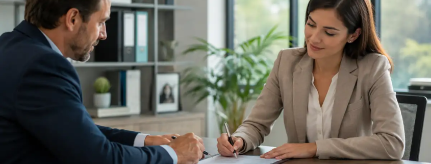Victime d’accident examinant une transaction d’assurance avant signature